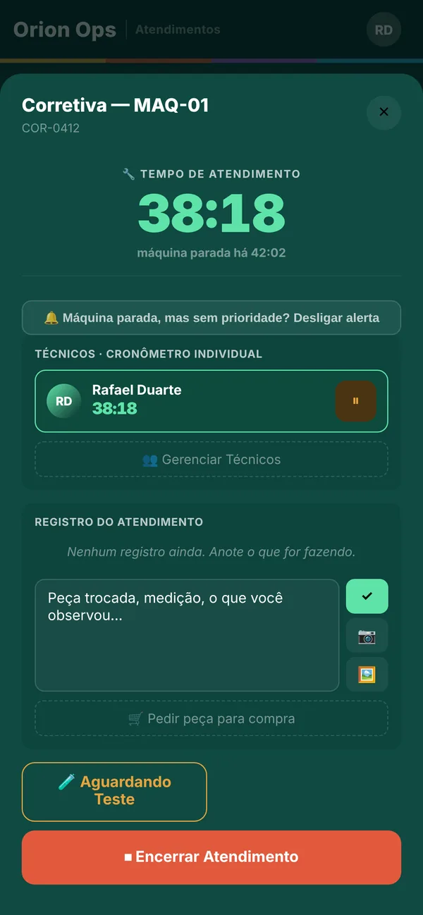 Ordem de serviço aberta com cronômetro, técnicos e registro